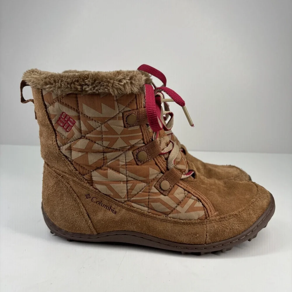Columbia Women’s Brown Suede Quilted Winter Boots - Tan with Red Accents